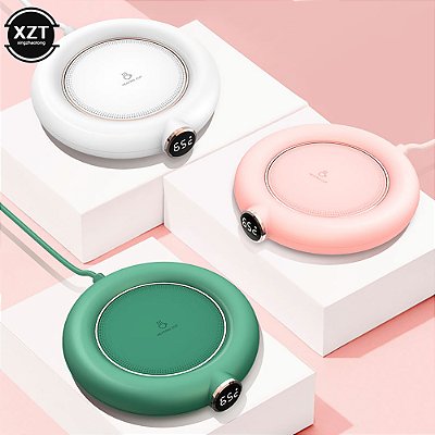 Porta copo para aquecimento de bebidas como café, chá, leite, com display digital, ajuste (3) temperatura e com USB