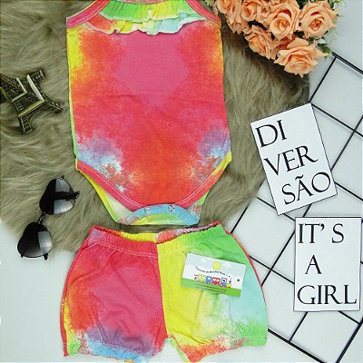 CONJUNTO BODY FRU-FRU E SHORTS TIE DIE VERMELHO E AMARELO