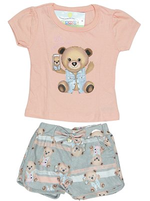 Conjunto Menina shorts e camiseta rosa ursinho fashion cute  Tamanho 1
