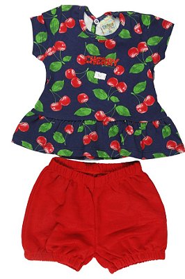 CONJUNTO MENINA BLUSINHA  AZUL ESCURO C/ MANGA CURTA BABADINHO SILK  CHERRY C/ GLITTER  C/ SHORTS- TAMANHO P AO G