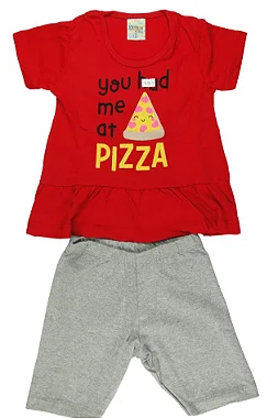 CONJUNTO MENINA BLUSINHA VERMELHA MANGA CURTA  C/ BABADINHO  SILK PIZZA C/ BERMUDA CINZA  - TAMANHO 1 AO 8