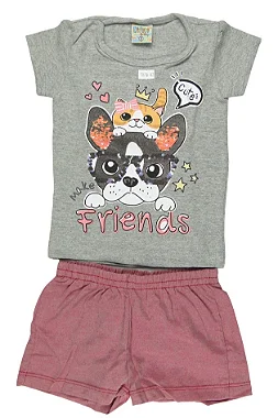 CONJUNTO MENINA BLUSINHA CINZA MANGA CURTA  C/  SILK GATINHO E CACHORRO C/ SHORTS ROSA - TAMANHO 1 AO 8