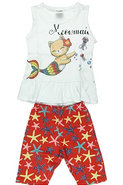 CONJUNTO MENINA BLUSINHA REGATA BRANCA C/ SILK  GATINHA SEREIA  BERMUDA VERMELHO C/ESTRELA DO MAR - TAMANHO 1 AO 8