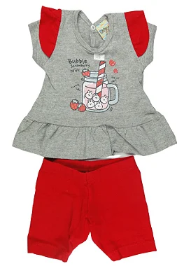 CONJUNTO MENINA BLUSINHA CINZA  MANGA BABADINHO SILK  MORANGO C/ GLITTER  C/ SHORTS - TAMANHO P AO G