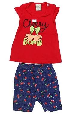 CONJUNTO MENINA BLUSINHA  VERMELHA SILK LAÇO CORAÇÃO CHERRY C/ GLITTER  C/ SHORTS- TAMANHO P AO G