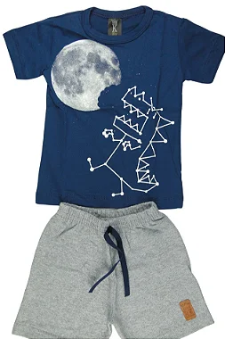 CONJUNTO MENINO CAMISETA AZUL ESCURO SILK DE DINOSAURO E LUA  C/ BERMUDA CINZA- TAMANHO 1 AO 8