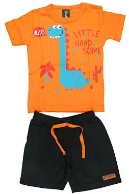 CONJUNTO MENINO CAMISETA LARANJA SILK DE DINOSAURO VERDE  C/ BERMUDA PRETA - TAMANHO 1 AO 8
