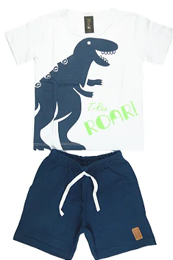 CONJUNTO MENINO CAMISETA BRANCA SILK DE DINOSAURO AZUL C/ BERMUDA AZUL MARINHO- TAMANHO 1 AO 8