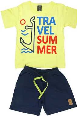 CONJUNTO MENINO CAMISETA AMARELA SILK TRAVEL SUMMER C/ BERMUDA AZUL ESCURO - TAMANHO 1 AO 8