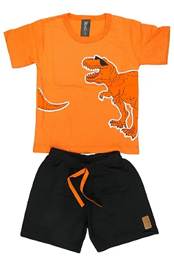 CONJUNTO MENINO CAMISETA LARANJA SILK DE DINOSSAURO  C/ BERMUDA PRETA  - TAMANHO 1 AO 8