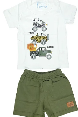 CONJUNTO MENINO LETS TAKE A RIDE SILK DE CARRO E LEÃO/ BERMUDA TAMANHO P AO GG