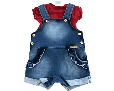 CONJUNTO JARDINEIRA FEM JEANS ANNA 2256  COM BODY VERMELHO TAMANHOS P AO 1