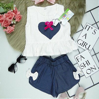 CONJUNTO LIZ - SHORTS E BLUSINHA COM APLIQUE DE LAÇO E CORAÇÃO - TAMANHOS DO P AO 4