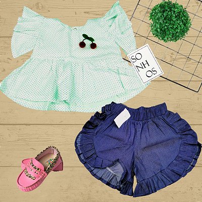 CONJUNTO CRIA SHORTS BABADINHO E BLUSINHA - TAMANHOS 1 AO 8