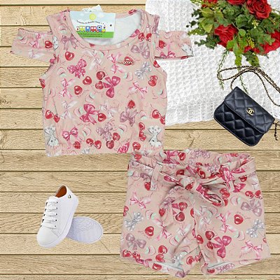 Conjunto Menina shorts e blusinha rosa cerejinha Tamanho 1 ao 8