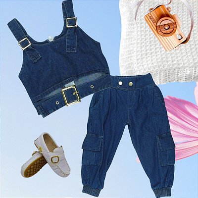 CONJUNTO MENINA CALÇA JEANS + TOP - TAMANHO 1 A 8