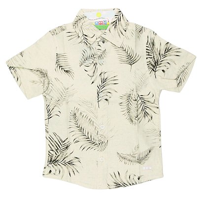 CAMISA MENINO FLORAL DE LINHO FUNDO COR AREIA COM FOLHAGEM MARROM - TAMANHO 2 À 8