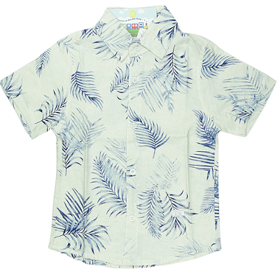 CAMISA MENINO FLORAL DE LINHO FUNDO COR AREIA COM FOLHAGEM AZUL - TAMANHO 2 À 8