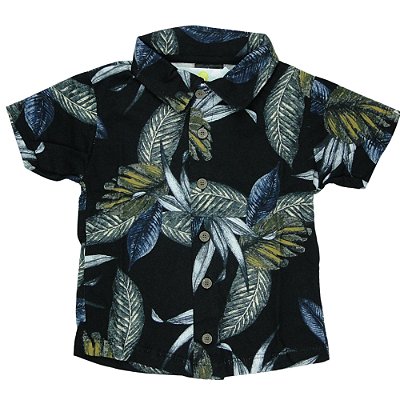 CAMISA MENINO FLORAL DE MALHA COR PRETA DE FUNDO COM FOLHAS DIVERSAS - TAMANHO 2 À 8