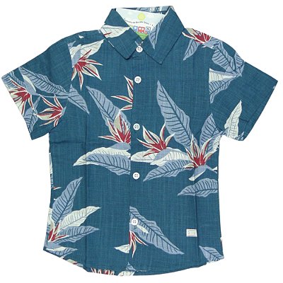 CAMISA MENINO DE LINHO FUNDO VERDE AGUA COM FOLHAGEM - TAMANHO 2 À 8