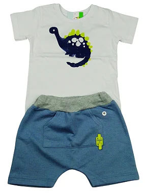 CONJUNTO CAMISETA COM SILK DE DINOSSAURO E SHORTS SARUEL COM DETALHE DE ZIPER- TAMANHO 6-9 MESES