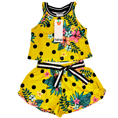 CONJ NANAI CROPPED + SHORTS AMARELO QUEIMADO E CINTO TAMANHO 1 AO 8