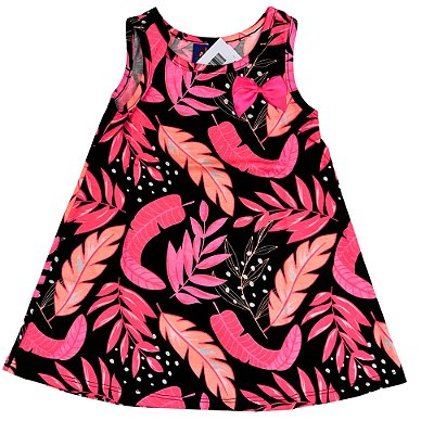 VESTIDO PIPA BY KYLY PRETO FOLHAGEM ROSA  TAM 1 AO 8