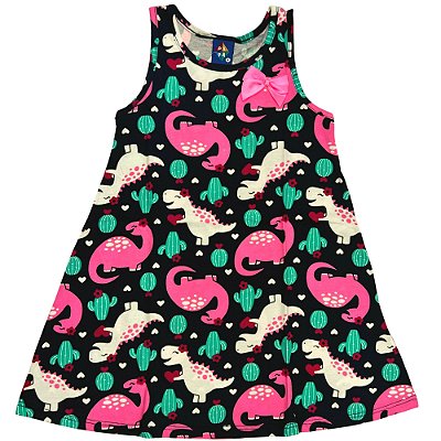 VESTIDO PIPA BY KYLY AZUL ESCURO DINOSSAUROS COM CORAÇÃO COM LAÇO ROSA