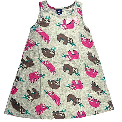 VESTIDO PIPA BY KYLY CINZA BICHO PREGUIÇA COM LAÇO ROSA
