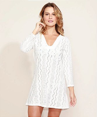 Saída de praia em laise curta manga longa off white - Personalize