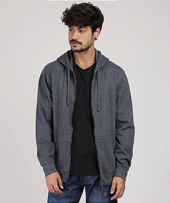 blusão masculino básico em moletom com capuz e bolso cinza mescla escuro
