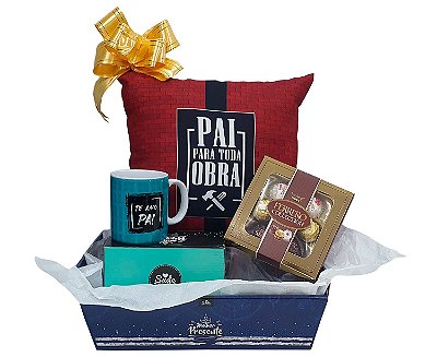Presente Para Pai - Dia Dos Pais - Kit Cesta Com Almofada E Caneca  + Chocolate Ferrero Collection