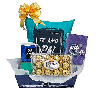 Presente Para Pai - Dia Dos Pais - Kit Cesta Com Almofada, Caneca E Cartão + Caixa Chocolate Ferrero Rocher