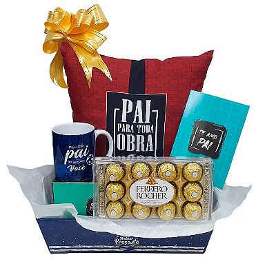 Presente Para Pai - Dia Dos Pais - Kit Cesta Com Almofada, Caneca E Cartão + Caixa Chocolate Ferrero Rocher
