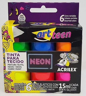 TINTA PARA TECIDO ART TEEN - ACRILEX C/ 6 CORES NEON 15ML