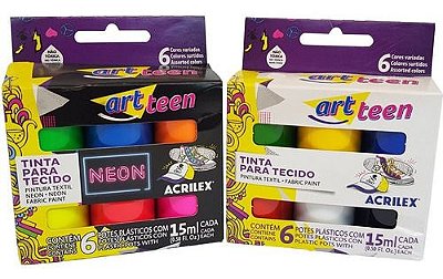 Kit Tinta Para Tecido Art Teen - Acrilex C/12 Potes De 15Ml