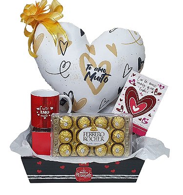 Presente Dia dos Namorados - Kit Cesta Com Almofada, Caneca E Cartão + Chocolate Ferrero Rocher Com 12