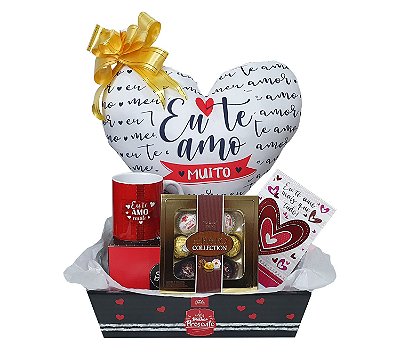 Presente Dia dos Namorados - Kit Cesta Com Almofada, Caneca E Cartão + Chocolate Ferrero Collection