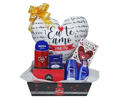 Presente Para Dia Dos Namorados - Kit Cesta Com Almofada, Caneca E Cartão + Kit Produtos Nivea