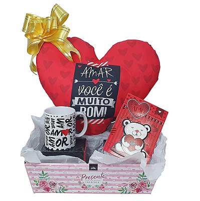 Presente Para Dia Dos Namorados - Kit Cesta Com Almofada, Caneca E Cartão