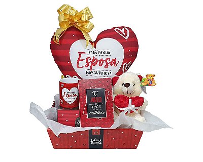 Presente Dia Dos Namorados - Presente para Esposa - Kit Cesta Com Almofada, Caneca E Cartão + Ursinho De Pelúcia
