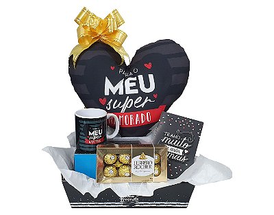 Presente Para Namorado - Dia Dos Namorados - Kit Cesta Com Almofada, Caneca E Cartão + Chocolate Ferrero Rocher com 8