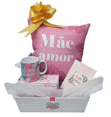 Presente Para Mãe Dia Das Mães - Kit Cesta Com Almofada, Caneca E Cartão