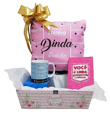 Presente Para Madrinha Dinda - Kit Cesta Com Almofada, Caneca E Cartão