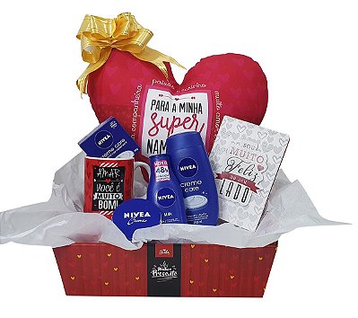 Presente Para Namorada - Dia Dos Namorados - Kit Cesta Com Almofada, Caneca E Cartão + Kit Produtos Nivea