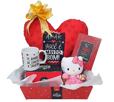 Presente Para Dia Dos Namorados - Kit Cesta Com Almofada, Caneca E Cartão + Pelúcia Do Hello Kitty