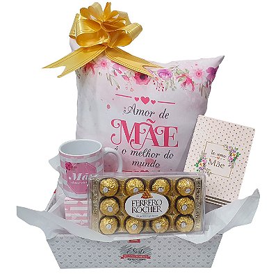 Presente Para Mãe - Dia Das Mães - Kit Cesta Com Almofada, Caneca E Cartão + Caixa Chocolate Ferrero Rocher