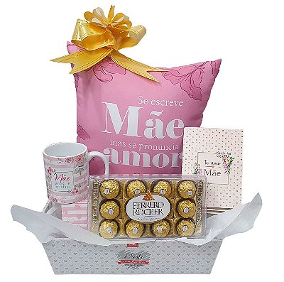 Presente Para Mãe - Dia Das Mães - Kit Cesta Com Almofada, Caneca E Cartão + Caixa Chocolate Ferrero Rocher