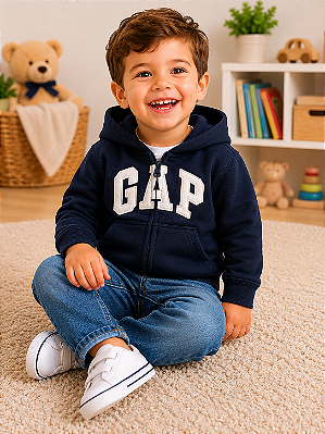 Casaco de Moletom Infantil GAP com Capuz, Zíper Frontal e Bolso Canguru - Azul Marinho