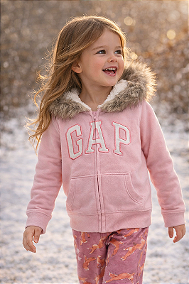 Agasalho Infantil GAP de Moletom Sherpa com Capuz, Zíper e Bolso Canguru - Rosa